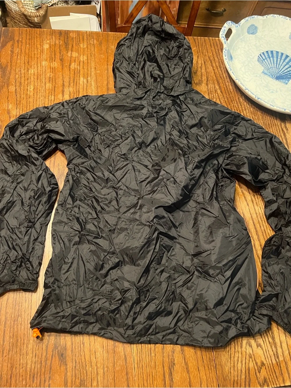 Quechua Packable Black Hooded Rain Anorak with Orange Drawcords